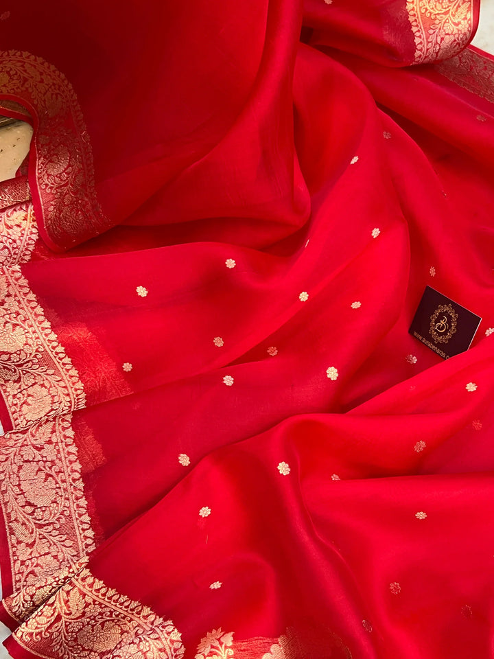 Red Pure Kora Silk Banarasi Saree with Zari Butis & Konia