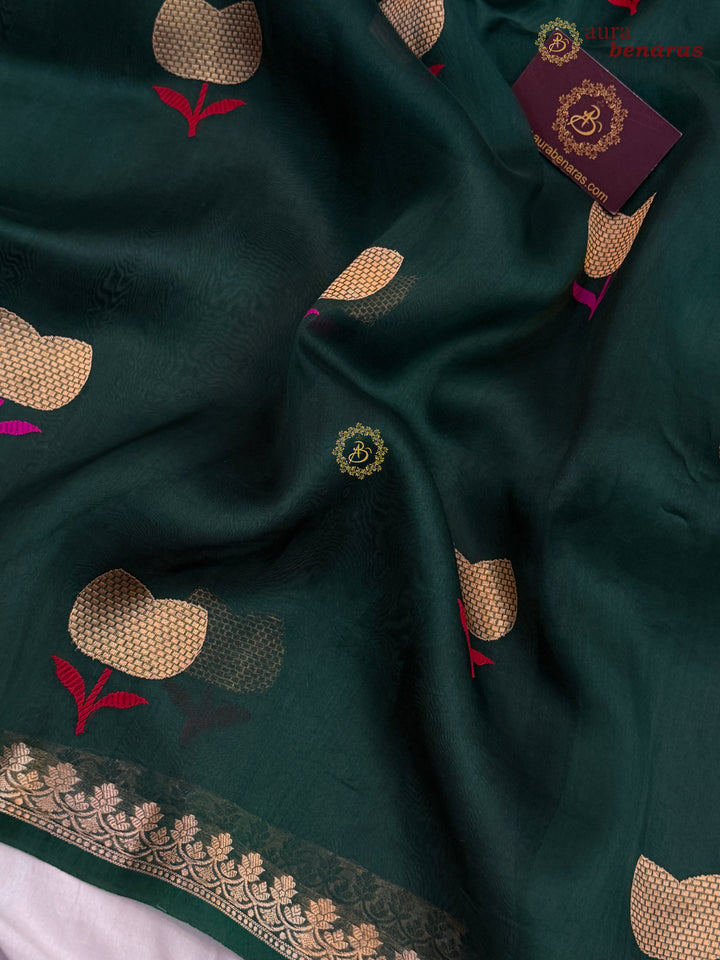 Bottle Green Kora Silk Banarasi Saree with Kadhwa Zari 