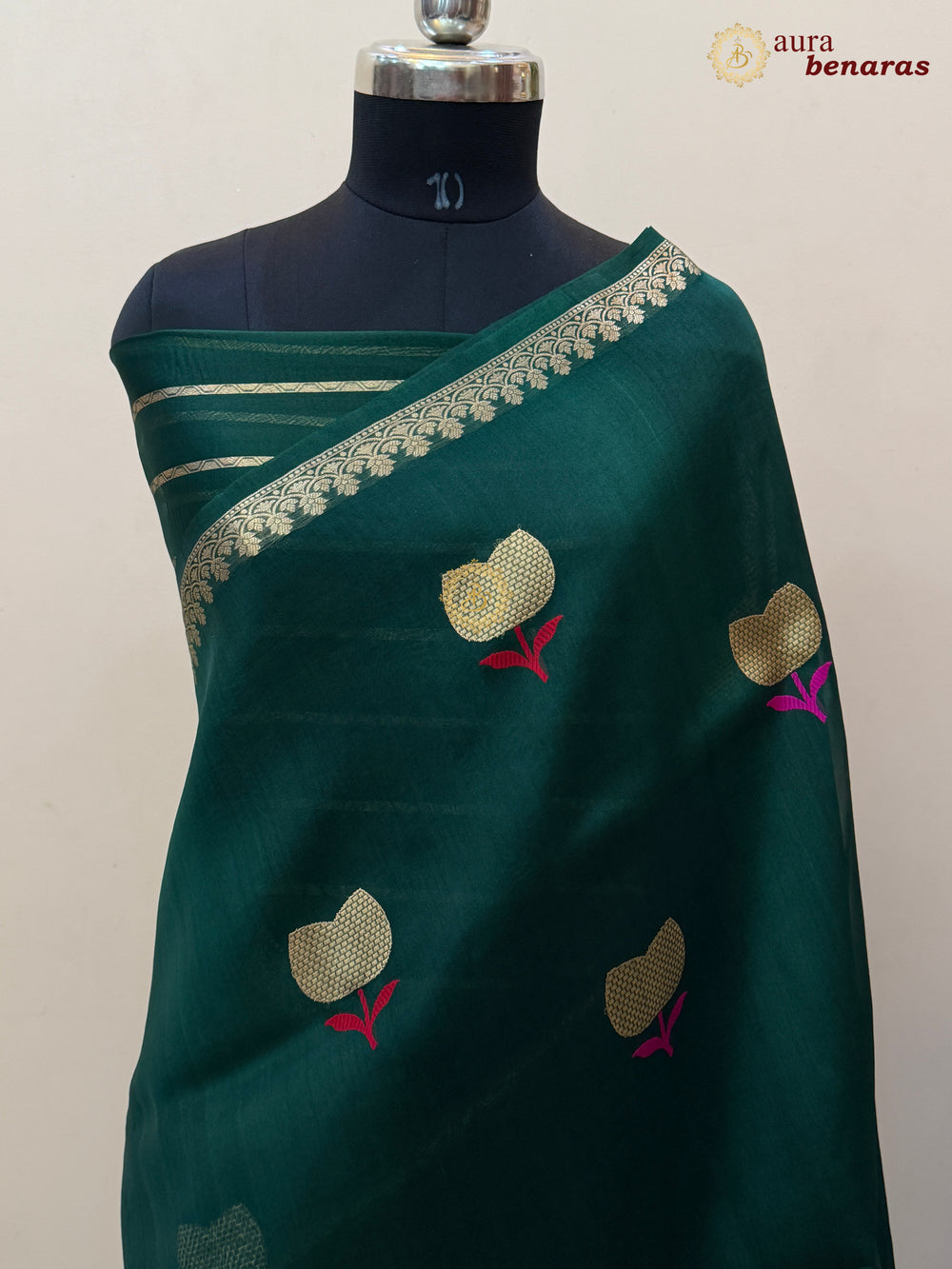 Bottle Green Kora Silk Banarasi Saree with Kadhwa Zari 