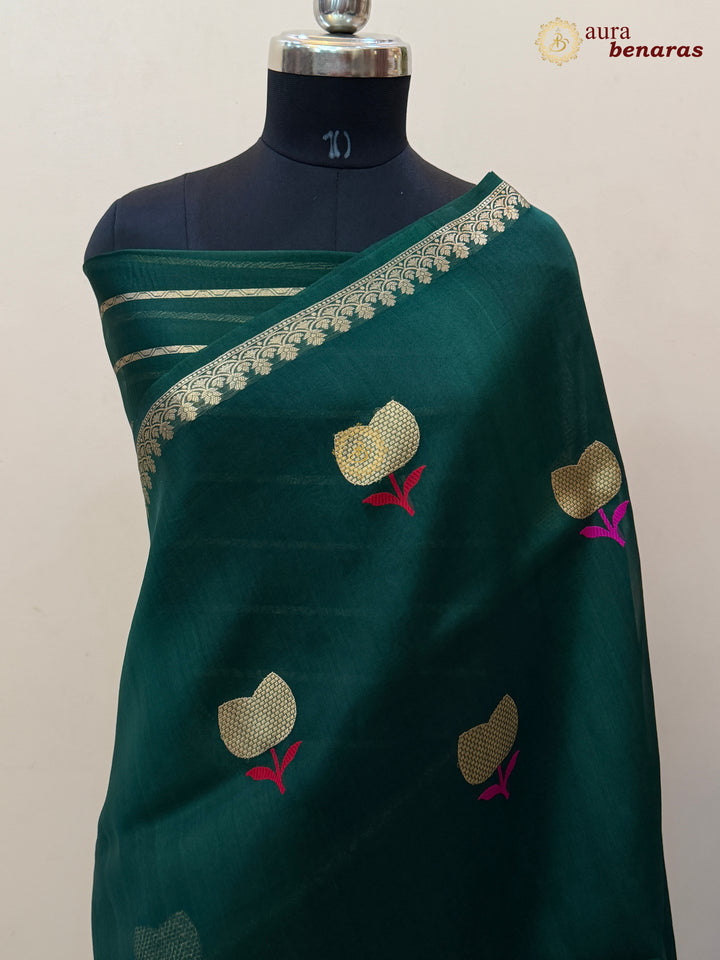 Bottle Green Kora Silk Banarasi Saree with Kadhwa Zari 
