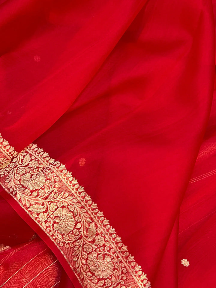 Red Pure Kora Silk Banarasi Saree with Zari Butis & Konia