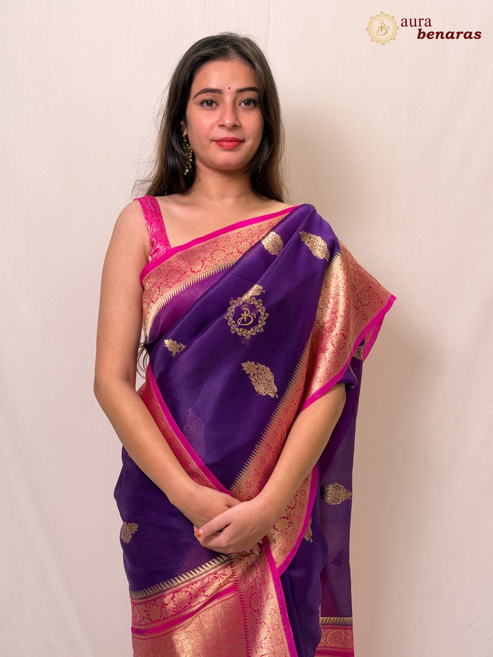 Purple Banarasi Kora Organza Sari with Gold Zari Work