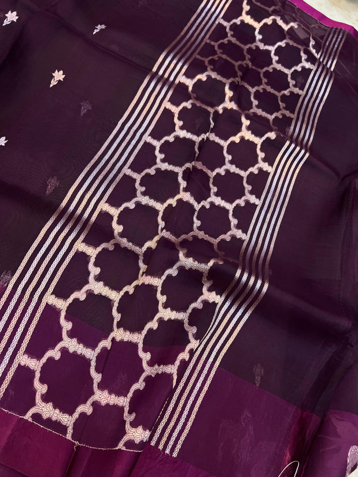 Wine Banarasi Handloom Kora Silk Saree - Aura Benaras