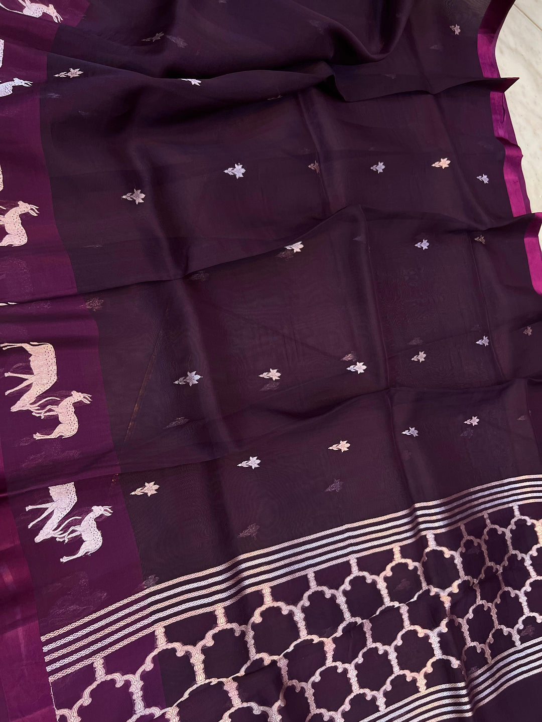 Wine Banarasi Handloom Kora Silk Saree - Aura Benaras