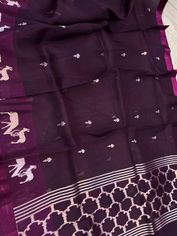 Wine Banarasi Handloom Kora Silk Saree - Aura Benaras