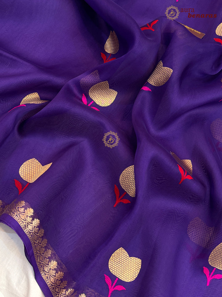 Purple Kora Silk Banarasi Saree with Kadhwa Zari 