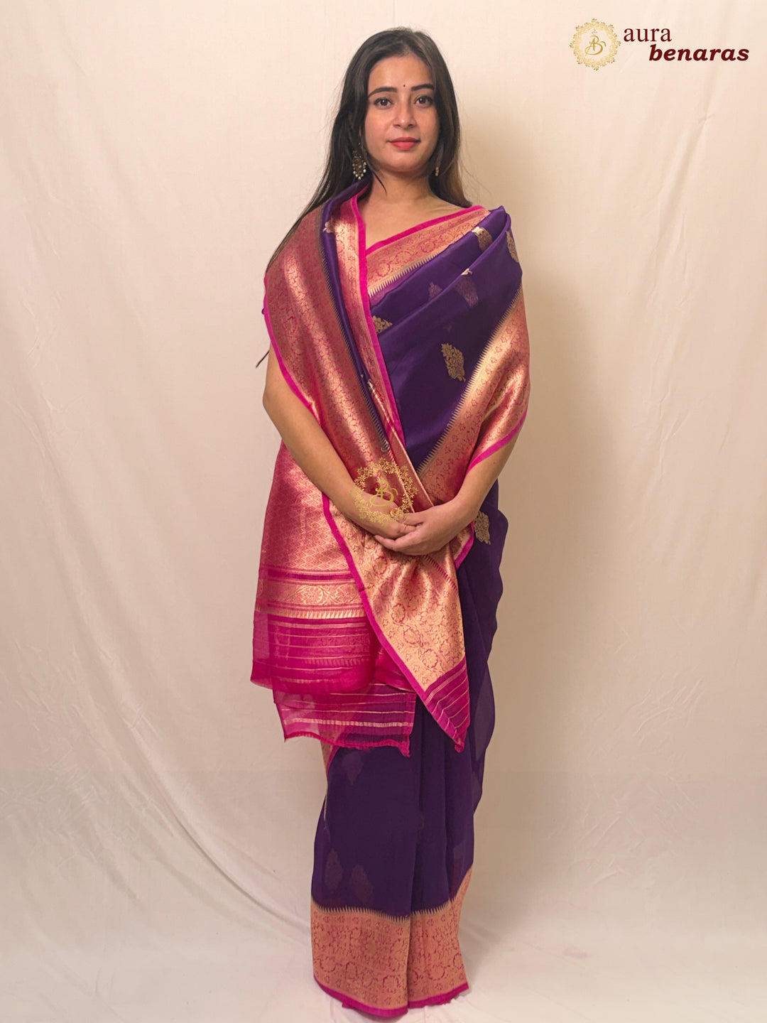 Purple Banarasi Kora Organza Sari with Gold Zari Work
