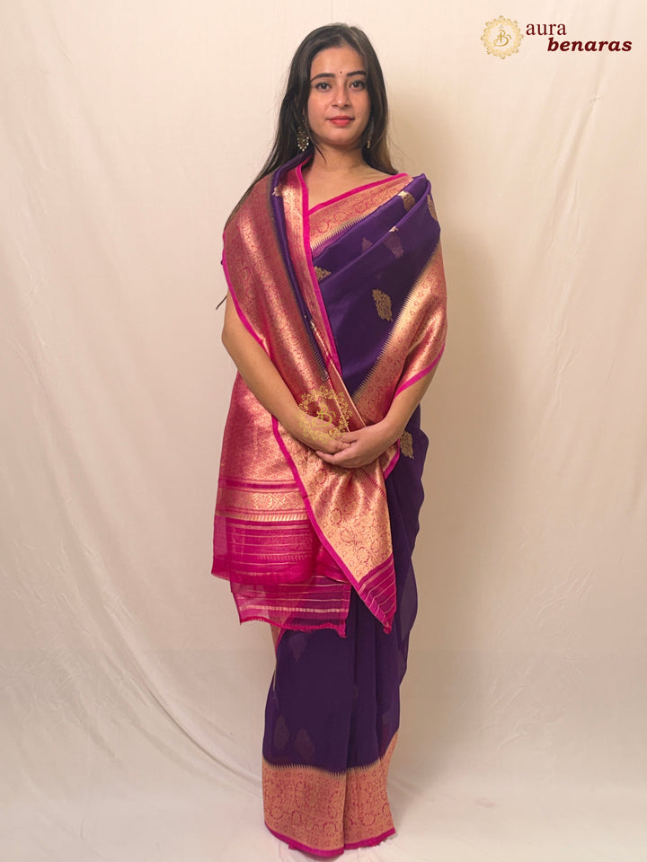 Purple Banarasi Kora Organza Sari with Gold Zari Work