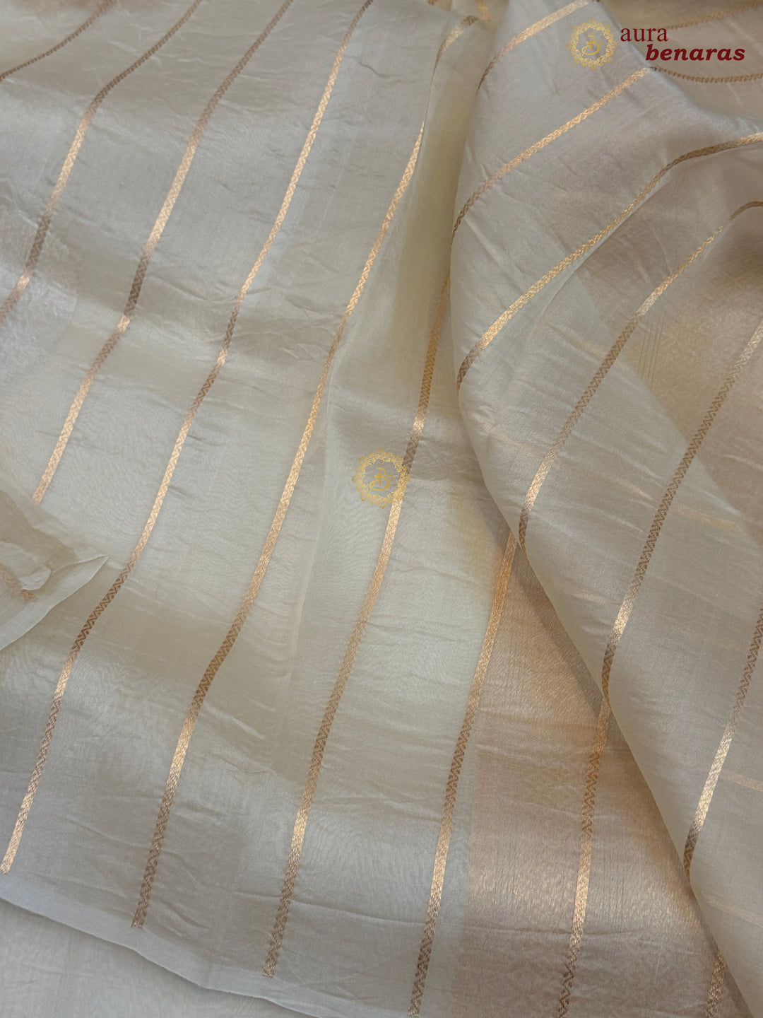 Cream Pure Banarasi Handloom Kora Silk Saree - AuraBenaras