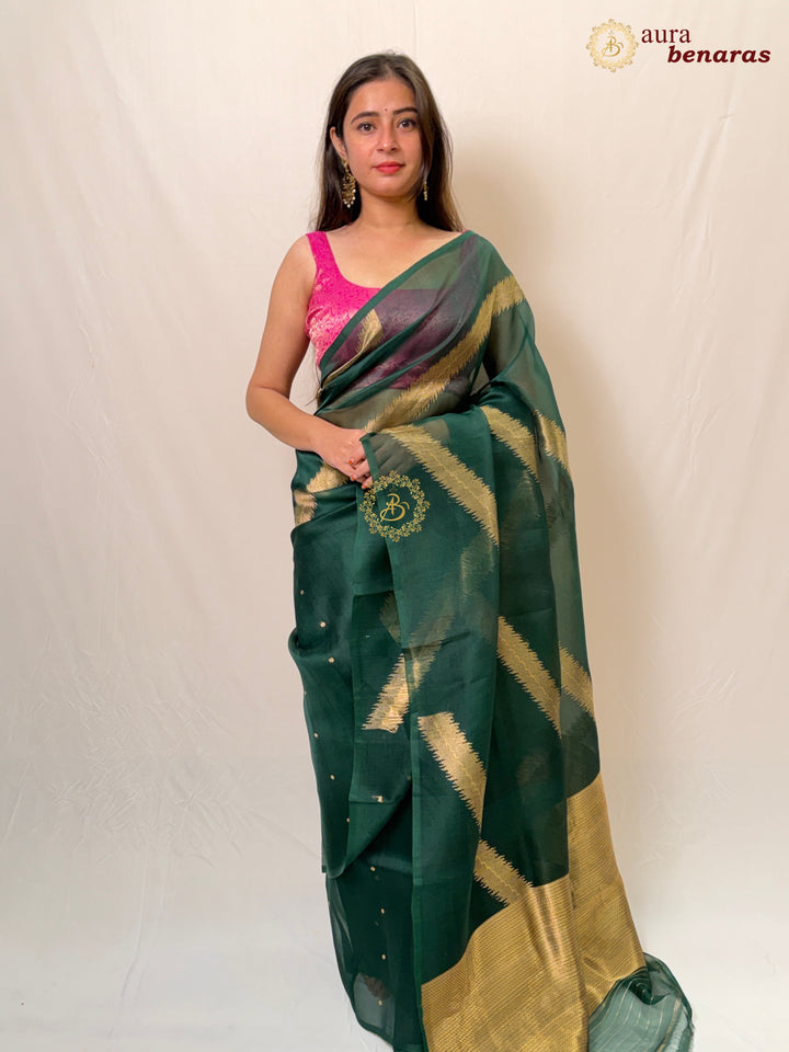 Bottle Green Kora Silk Banarasi Saree with Kadwa Jaal – Aura Benaras