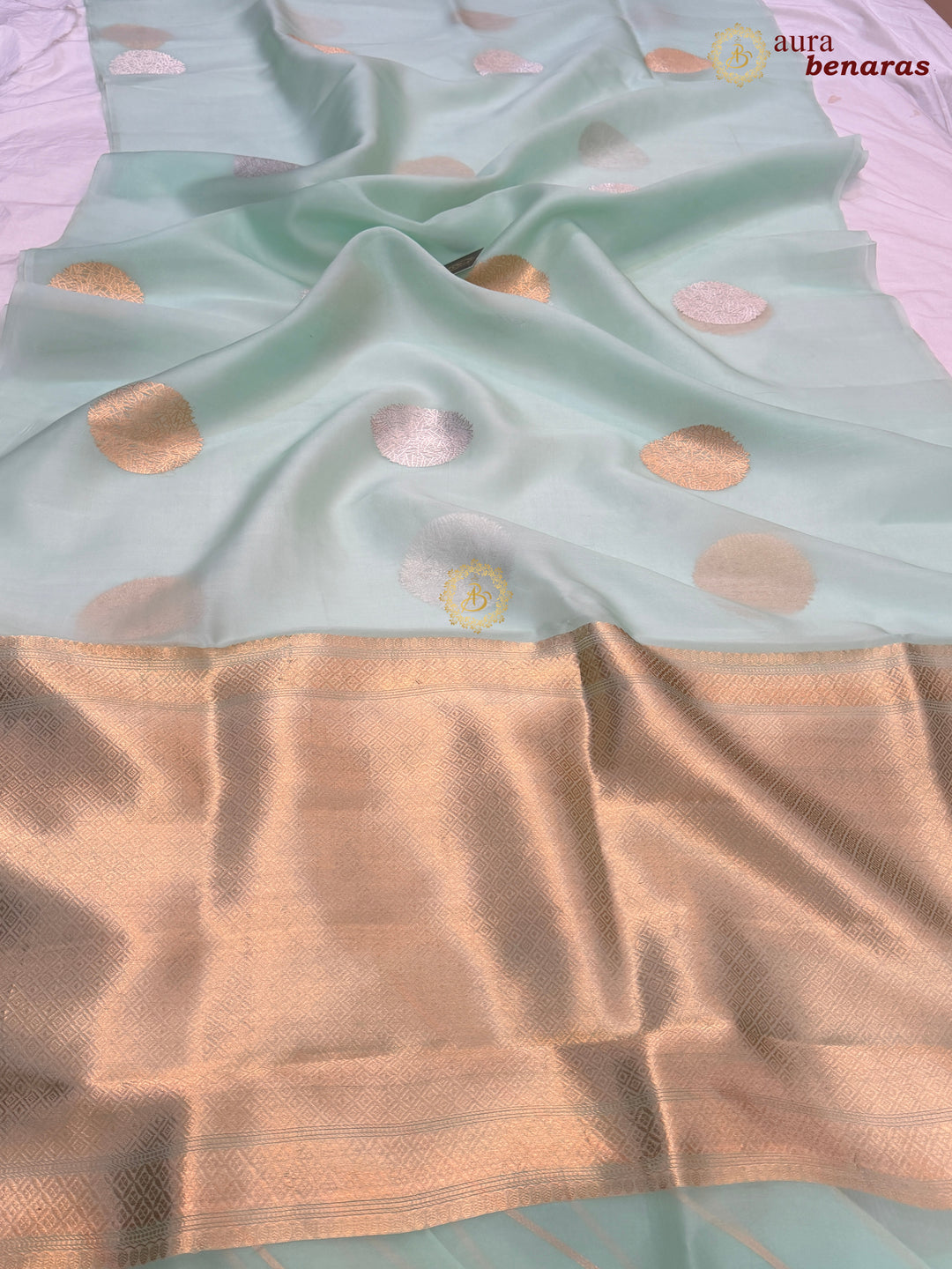Mint Green Pure Banarasi Handloom Kora Silk Saree - AuraBenaras