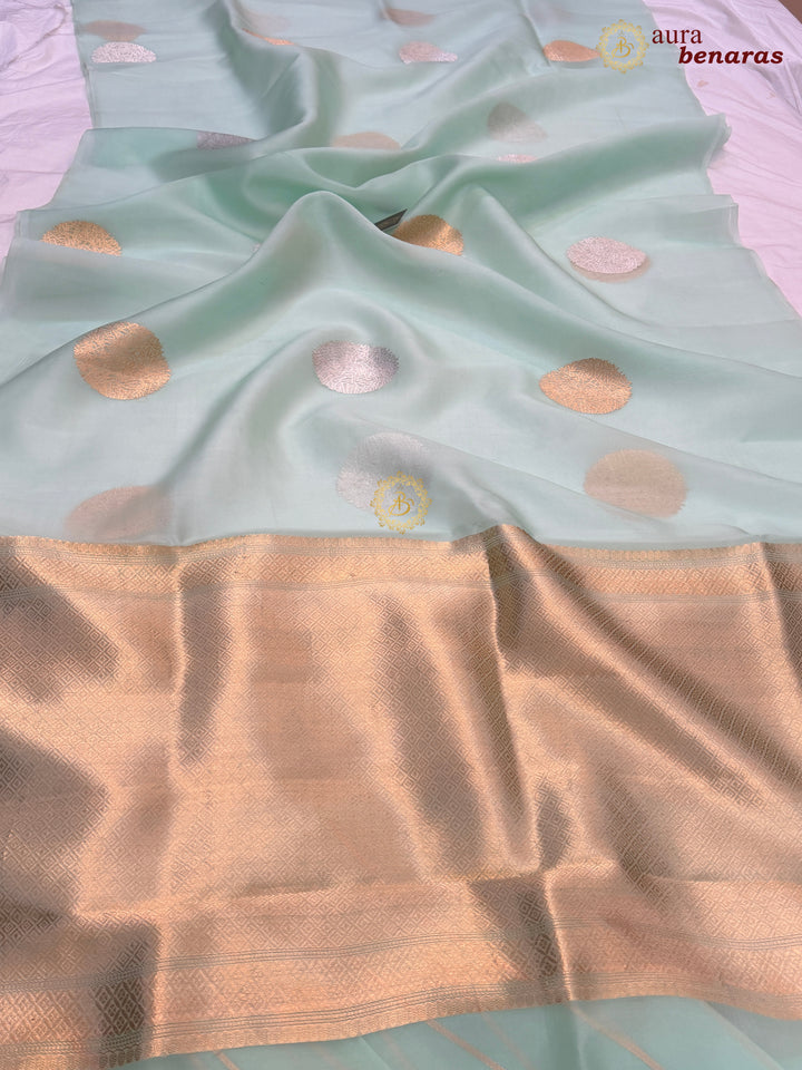 Mint Green Pure Banarasi Handloom Kora Silk Saree - AuraBenaras