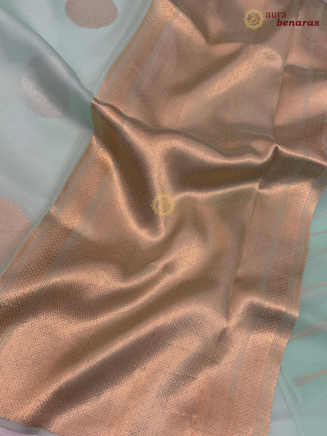 Mint Green Pure Banarasi Handloom Kora Silk Saree - AuraBenaras