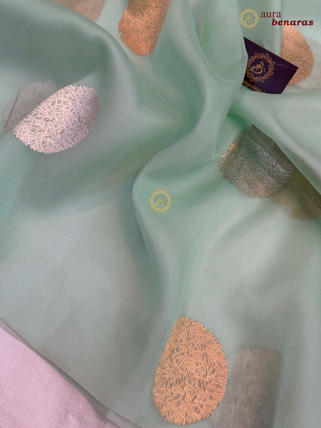 Mint Green Pure Banarasi Handloom Kora Silk Saree - AuraBenaras