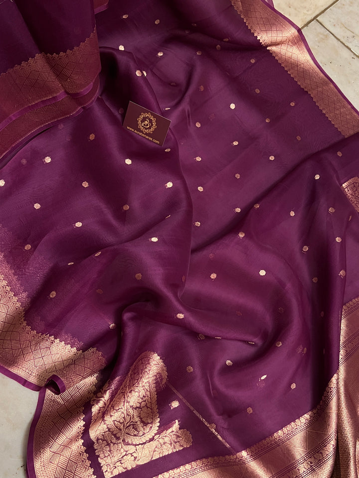 Wine Pure Kora Silk Banarasi Saree | Butis & Konia