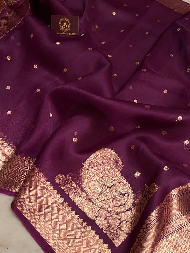 Wine Pure Kora Silk Banarasi Saree | Butis & Konia