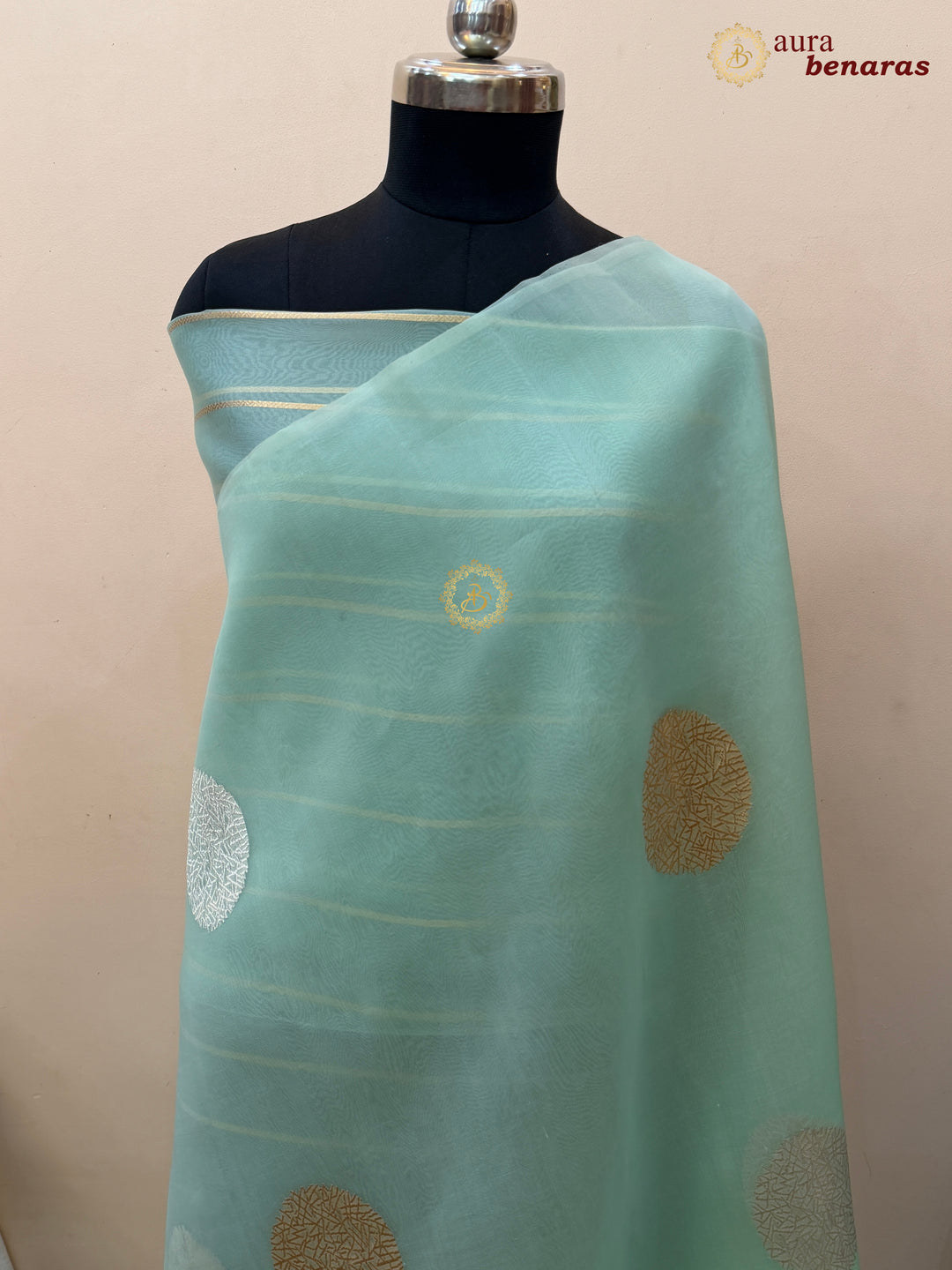 Mint Green Pure Banarasi Handloom Kora Silk Saree - AuraBenaras