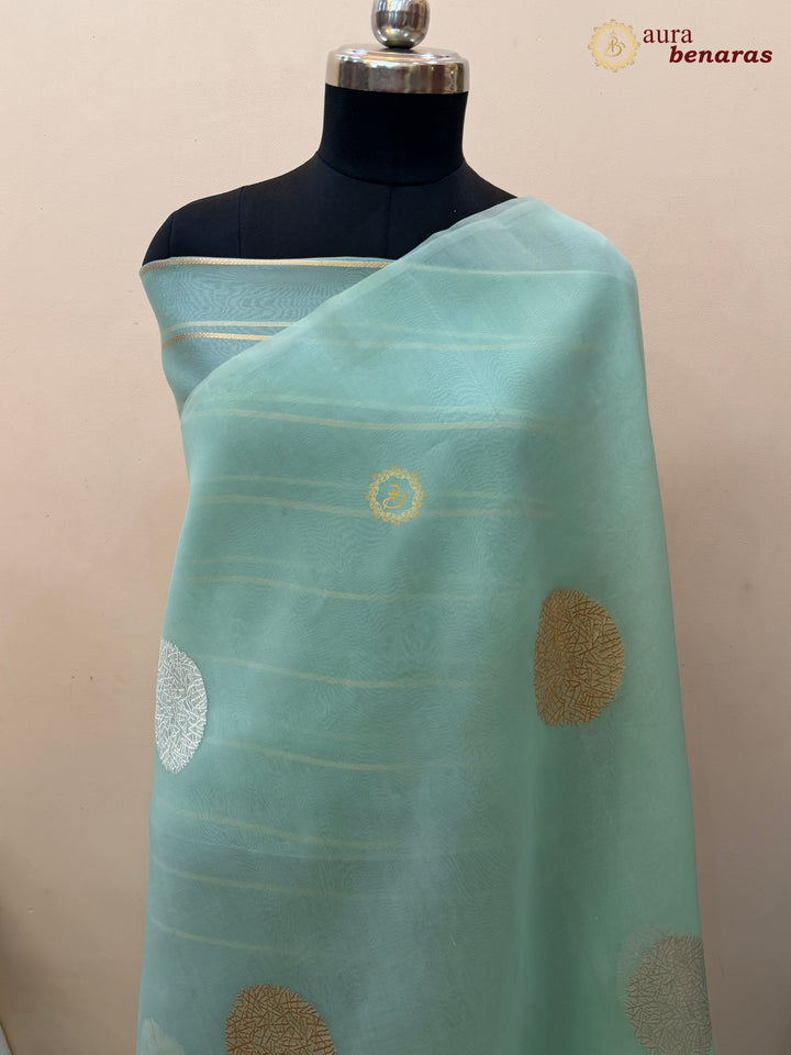 Mint Green Pure Banarasi Handloom Kora Silk Saree - AuraBenaras