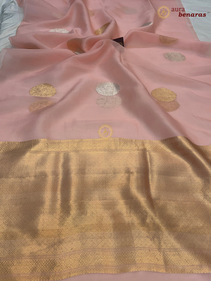 Pastel Peach Pure Banarasi Handloom Kora Silk Saree - AuraBenaras