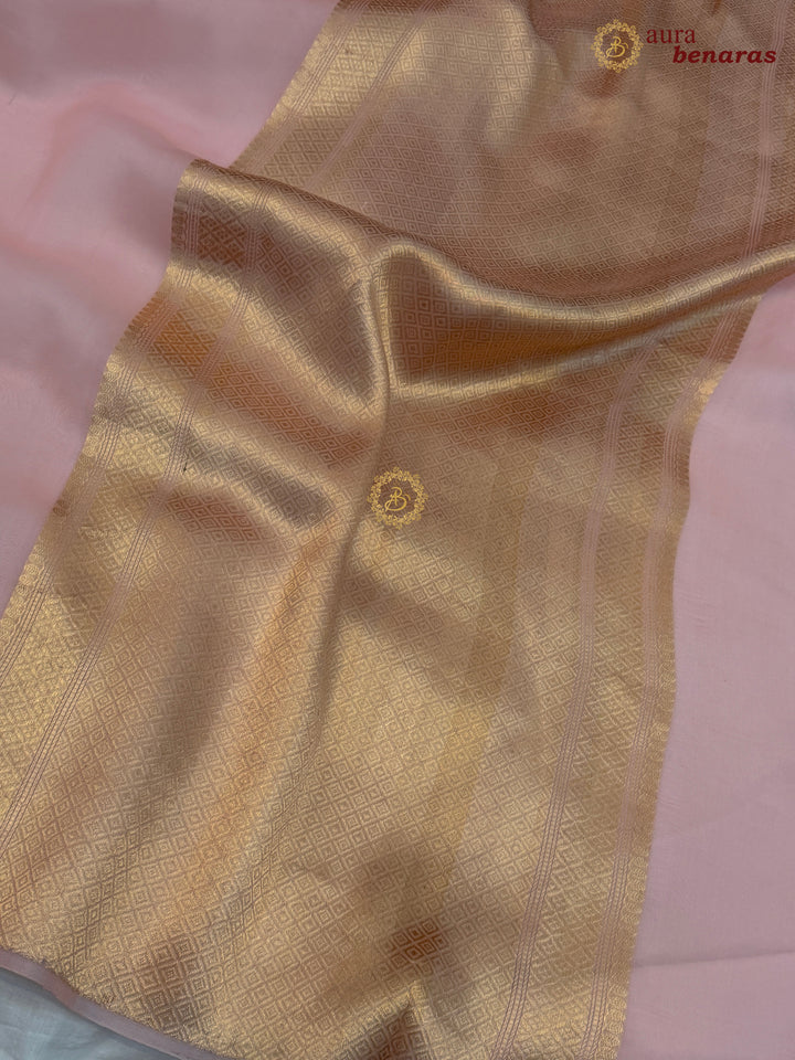 Pastel Peach Pure Banarasi Handloom Kora Silk Saree - AuraBenaras