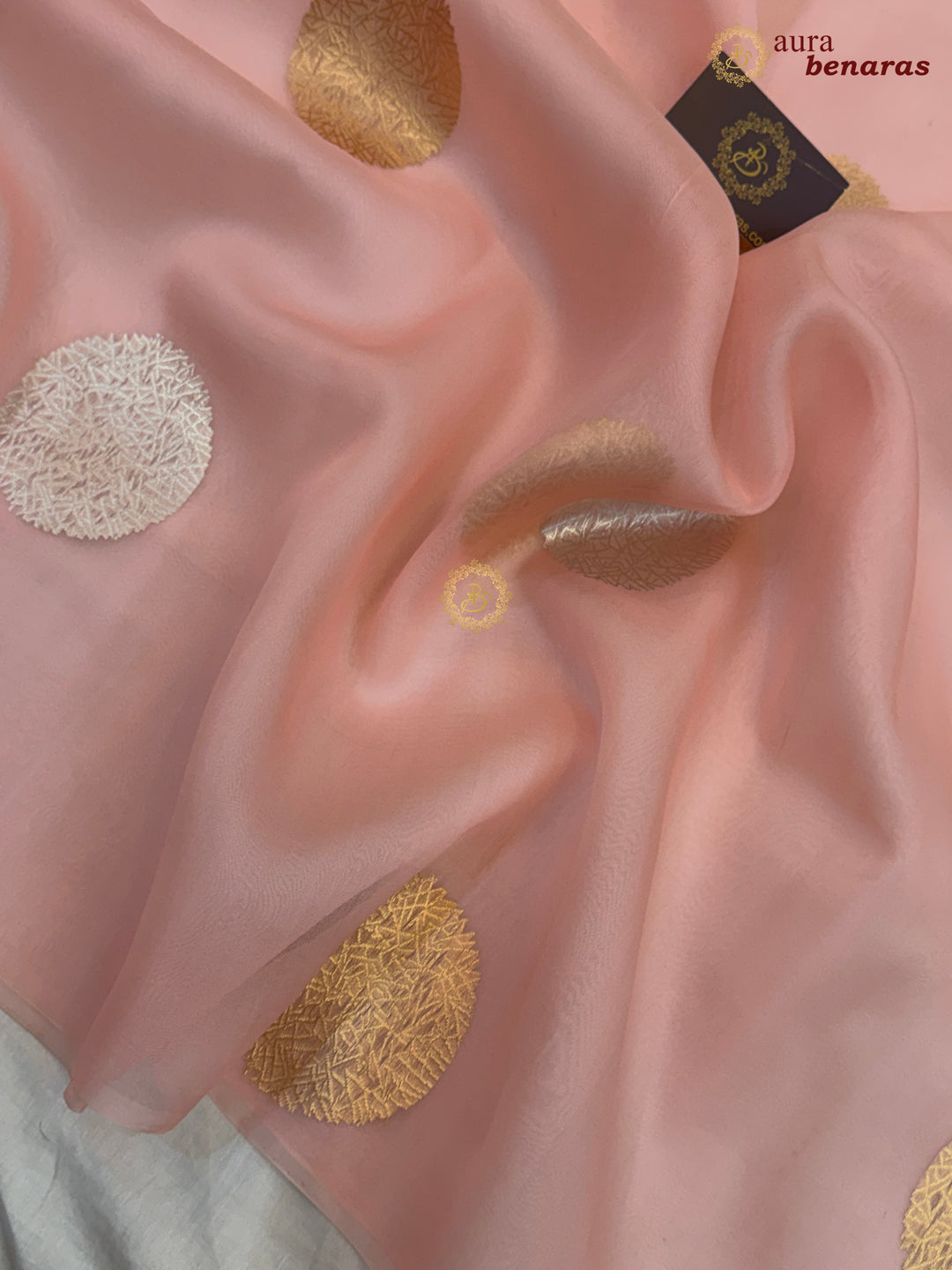 Pastel Peach Pure Banarasi Handloom Kora Silk Saree - AuraBenaras