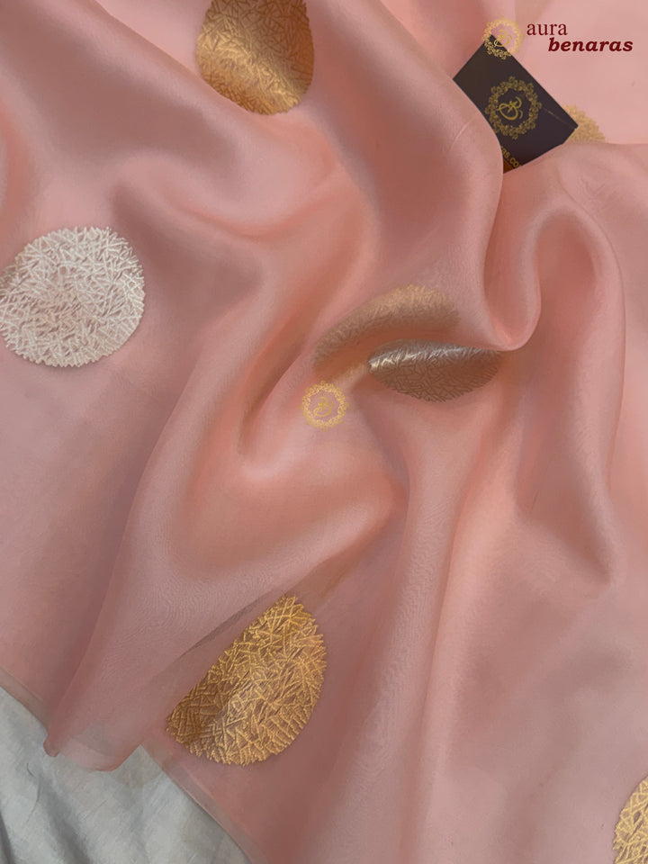 Pastel Peach Pure Banarasi Handloom Kora Silk Saree - AuraBenaras