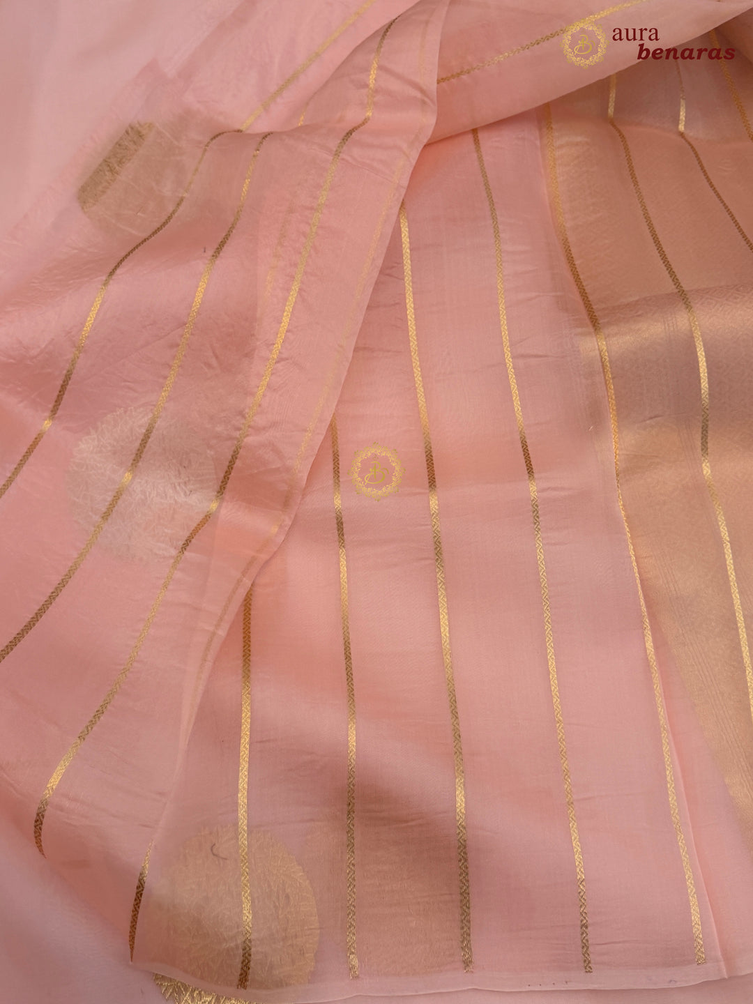 Pastel Peach Pure Banarasi Handloom Kora Silk Saree - AuraBenaras