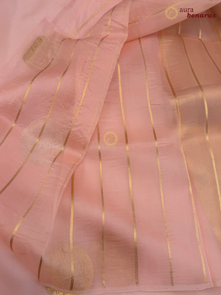Pastel Peach Pure Banarasi Handloom Kora Silk Saree - AuraBenaras