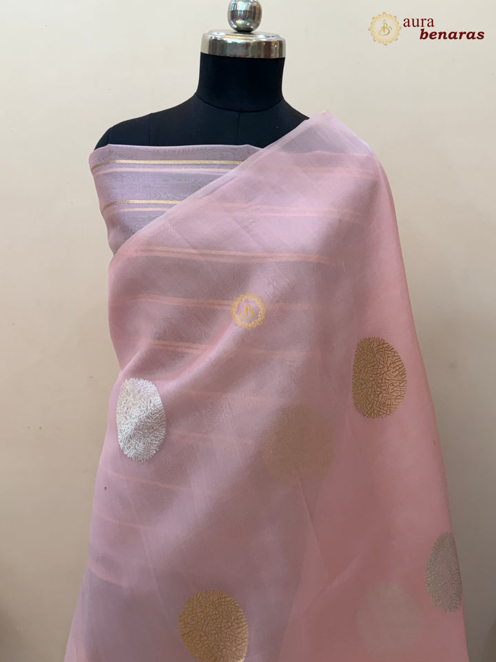 Pastel Peach Pure Banarasi Handloom Kora Silk Saree - AuraBenaras