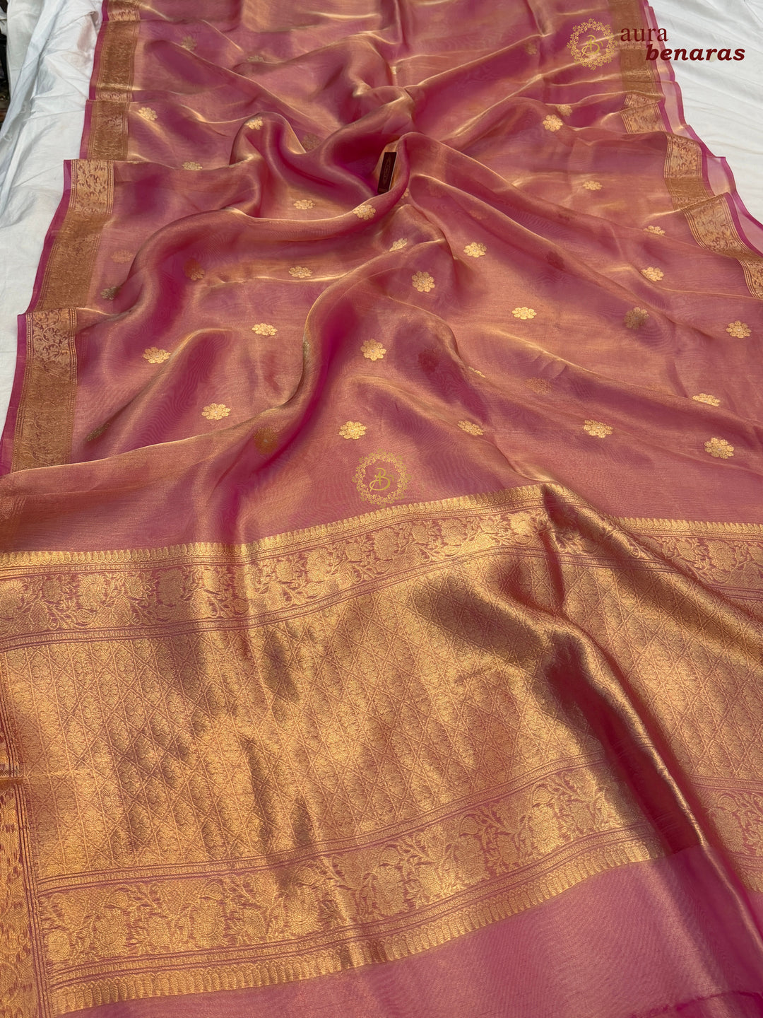 Rose Pink Tissue Silk Banarasi Saree with kadhwa butas