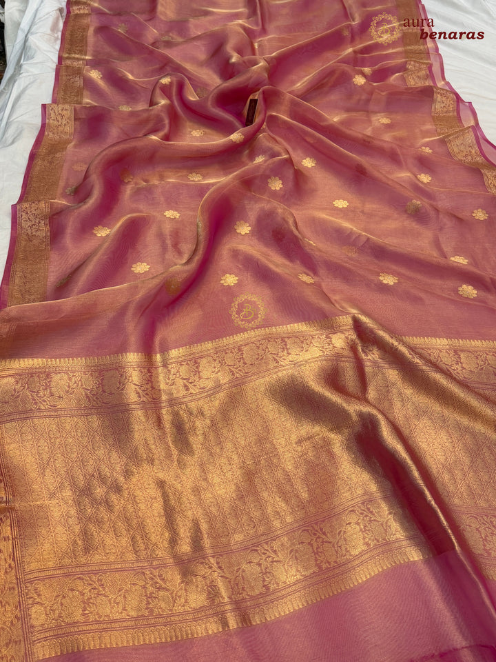 Rose Pink Tissue Silk Banarasi Saree with kadhwa butas