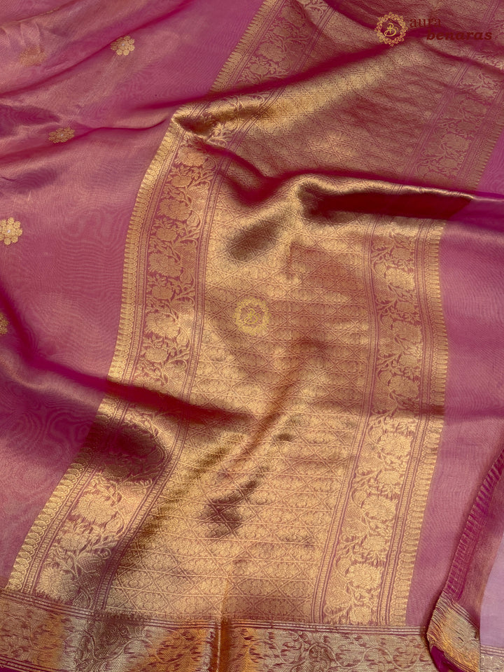 Rose Pink Tissue Silk Banarasi Saree with kadhwa butas