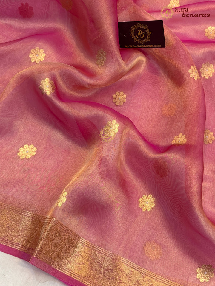 Rose Pink Tissue Silk Banarasi Saree with kadhwa butas