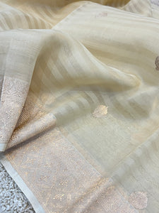 Cream Banarasi Handloom Kora Silk Saree - Aura Benaras