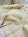 Cream Banarasi Handloom Kora Silk Saree - Aura Benaras