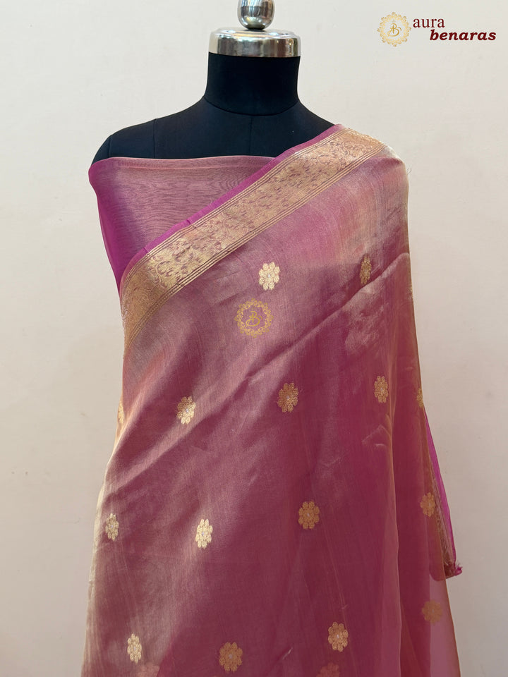 Rose Pink Tissue Silk Banarasi Saree with kadhwa butas