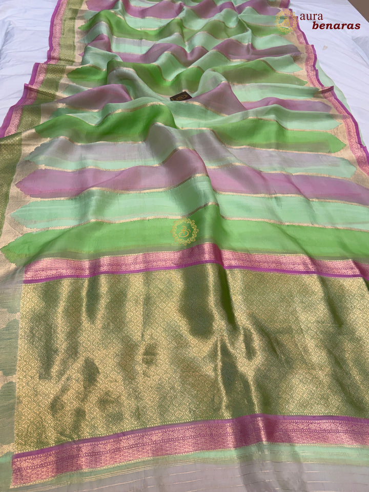 Pista Green Kora Silk Saree with Golden Zari Stripe & Rangkaat