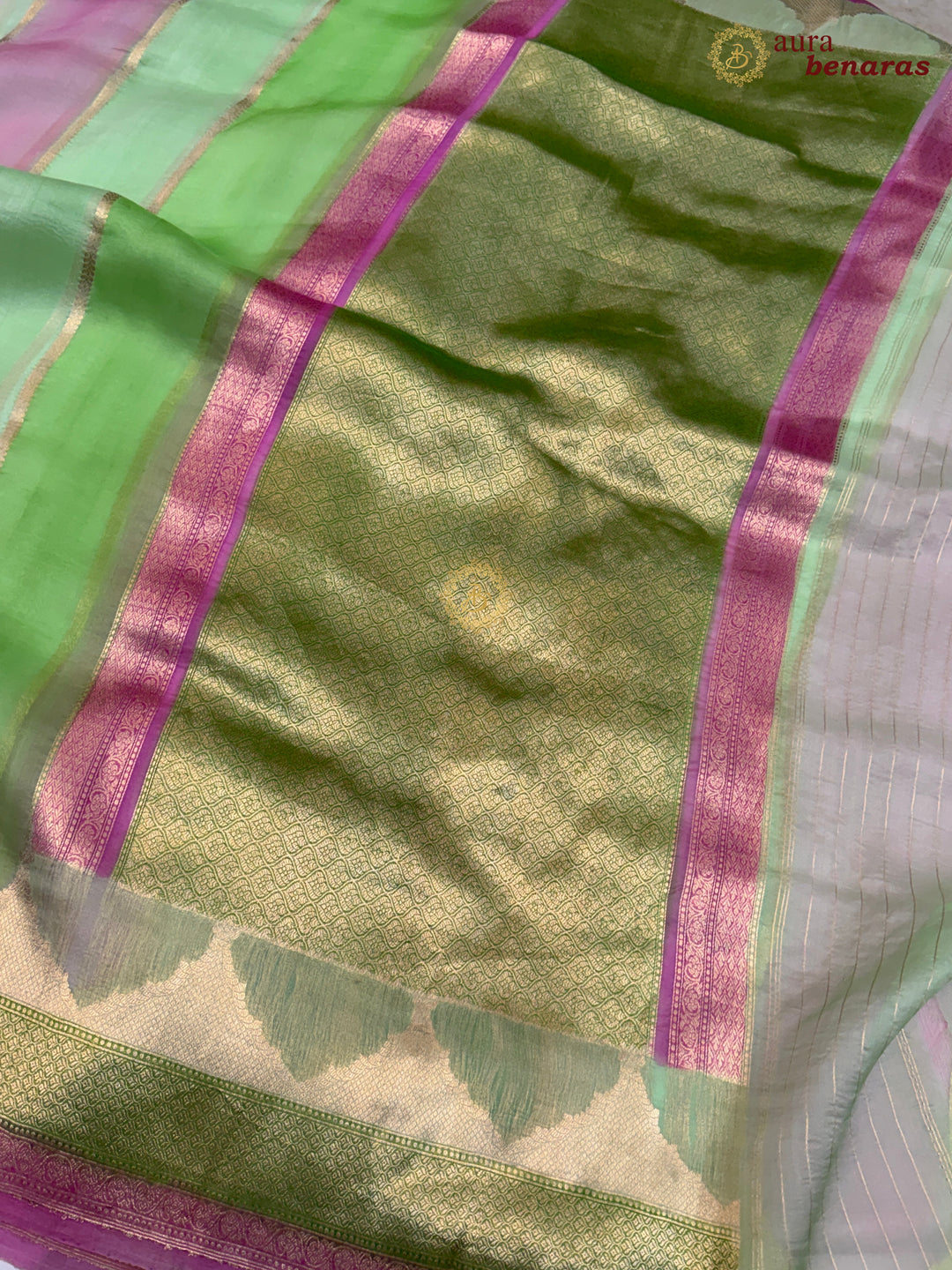 Pista Green Kora Silk Saree with Golden Zari Stripe & Rangkaat
