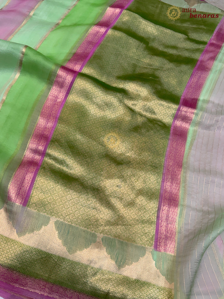 Pista Green Kora Silk Saree with Golden Zari Stripe & Rangkaat