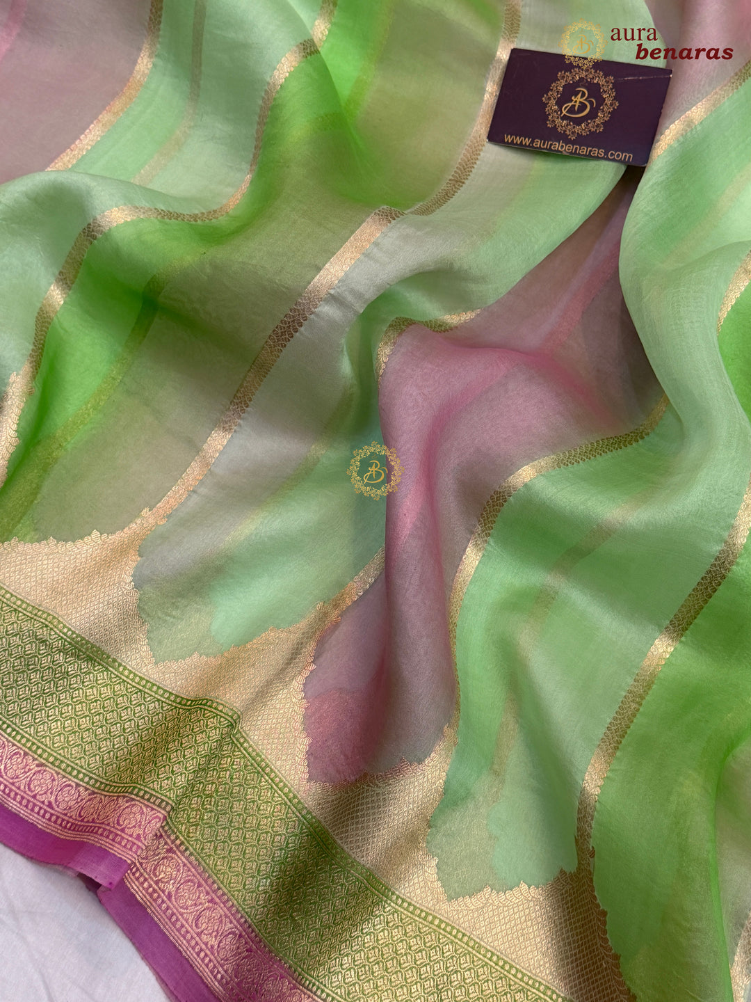 Pista Green Kora Silk Saree with Golden Zari Stripe & Rangkaat