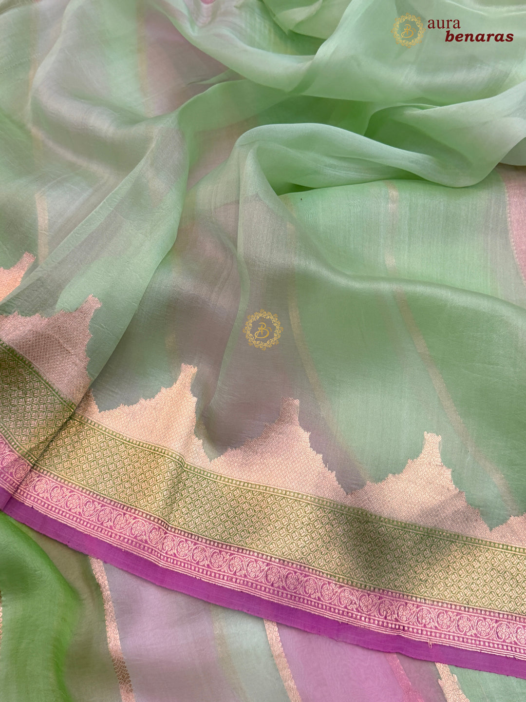 Pista Green Kora Silk Saree with Golden Zari Stripe & Rangkaat