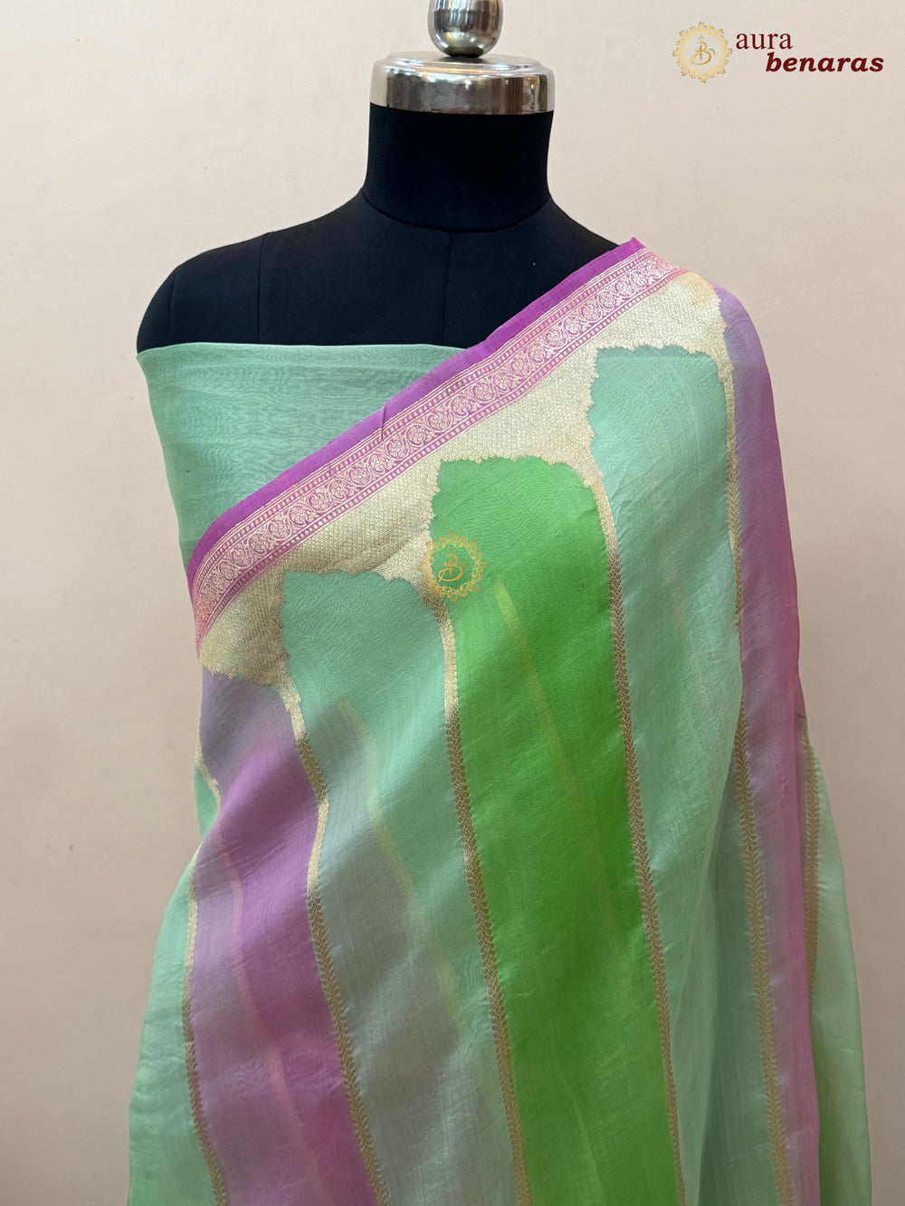 Pista Green Kora Silk Saree with Golden Zari Stripe & Rangkaat