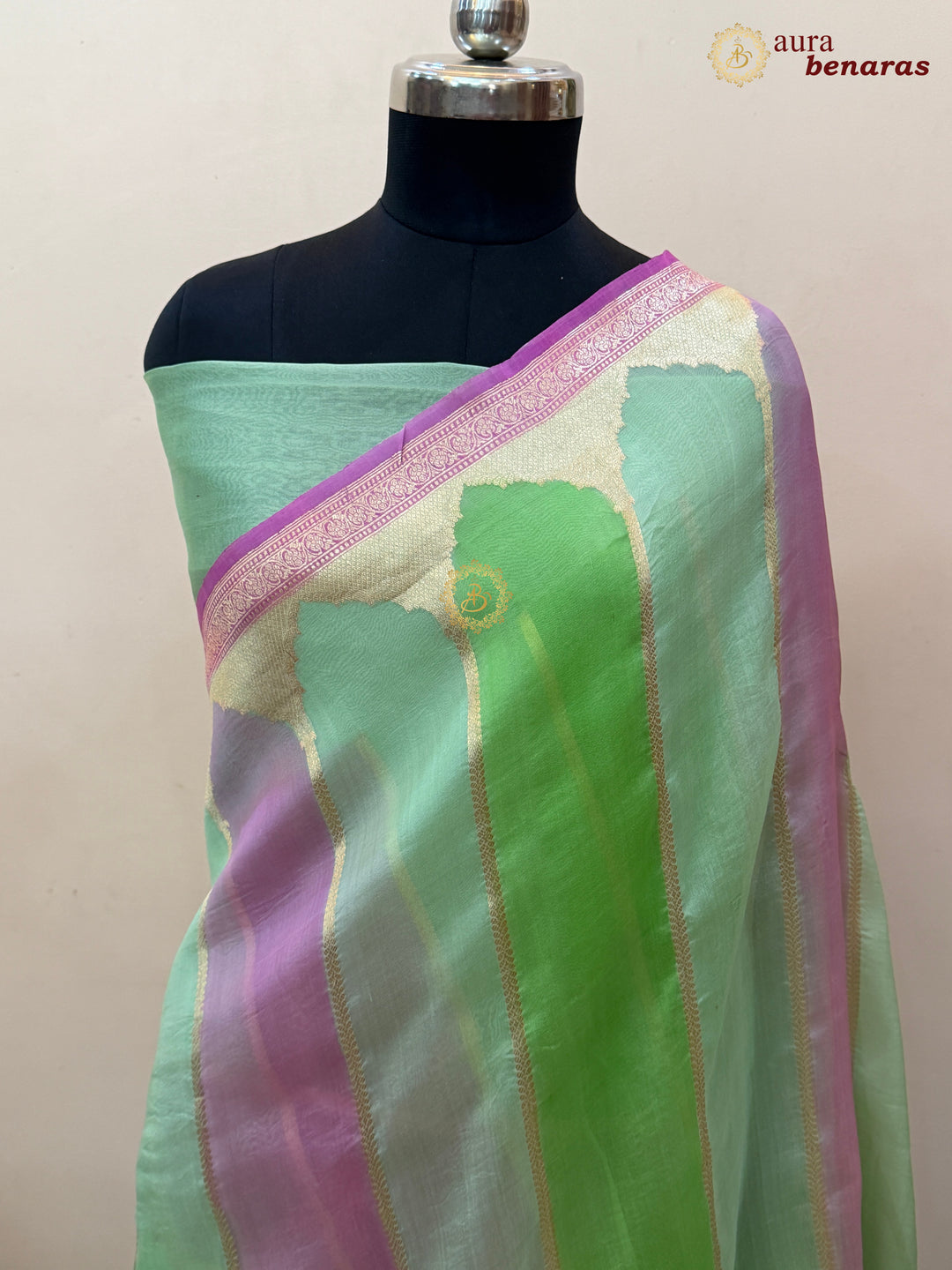 Pista Green Kora Silk Saree with Golden Zari Stripe & Rangkaat