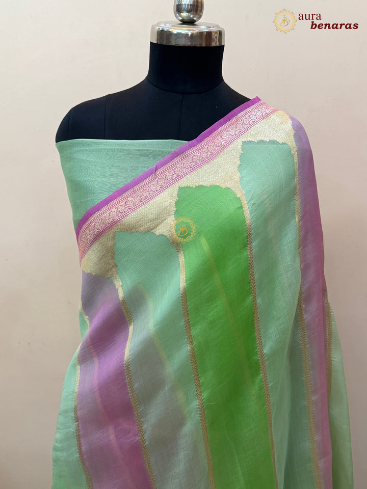 Pista Green Kora Silk Saree with Golden Zari Stripe & Rangkaat