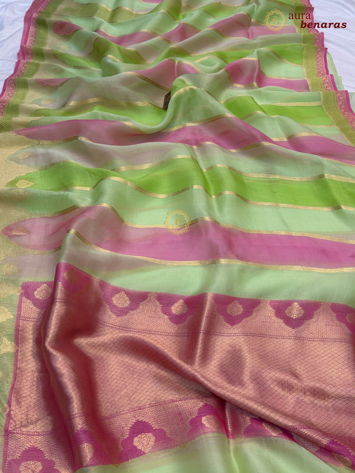 Parrot Green Kora Silk Saree with Golden Zari Stripe & Rangkaat