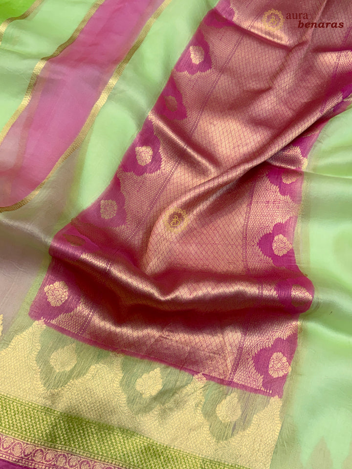 Parrot Green Kora Silk Saree with Golden Zari Stripe & Rangkaat
