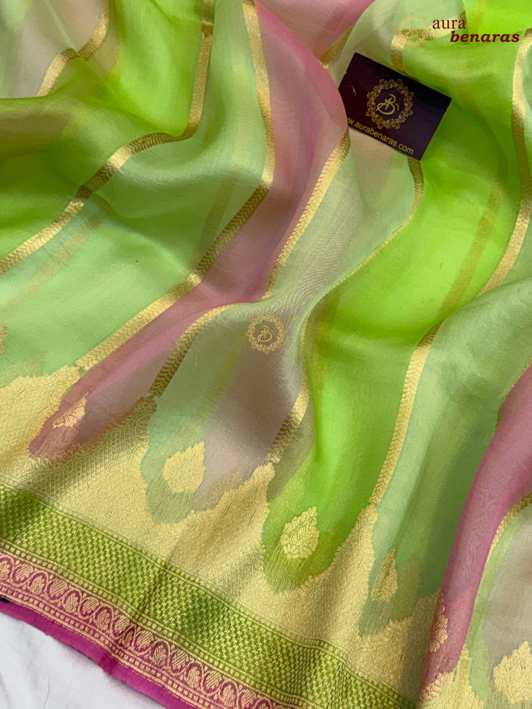 Parrot Green Kora Silk Saree with Golden Zari Stripe & Rangkaat