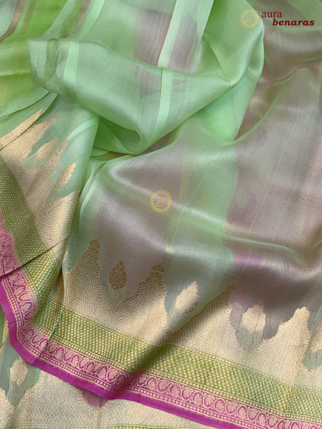 Parrot Green Kora Silk Saree with Golden Zari Stripe & Rangkaat