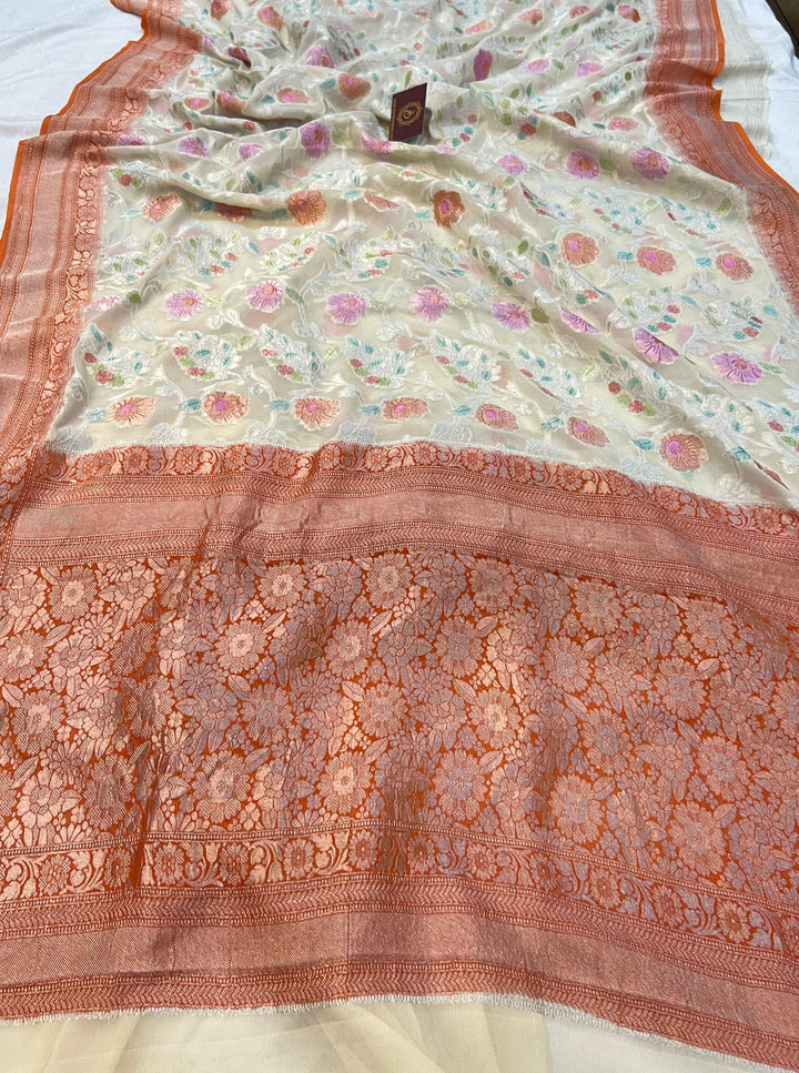 Off White Rangkaat Banarasi Khaddi Georgette Saree - Aura Benaras