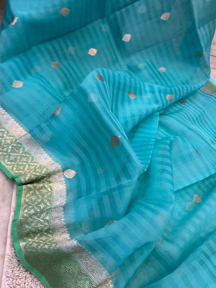 Aqua Blue Banarasi Handloom Kora Silk Saree - Aura Benaras